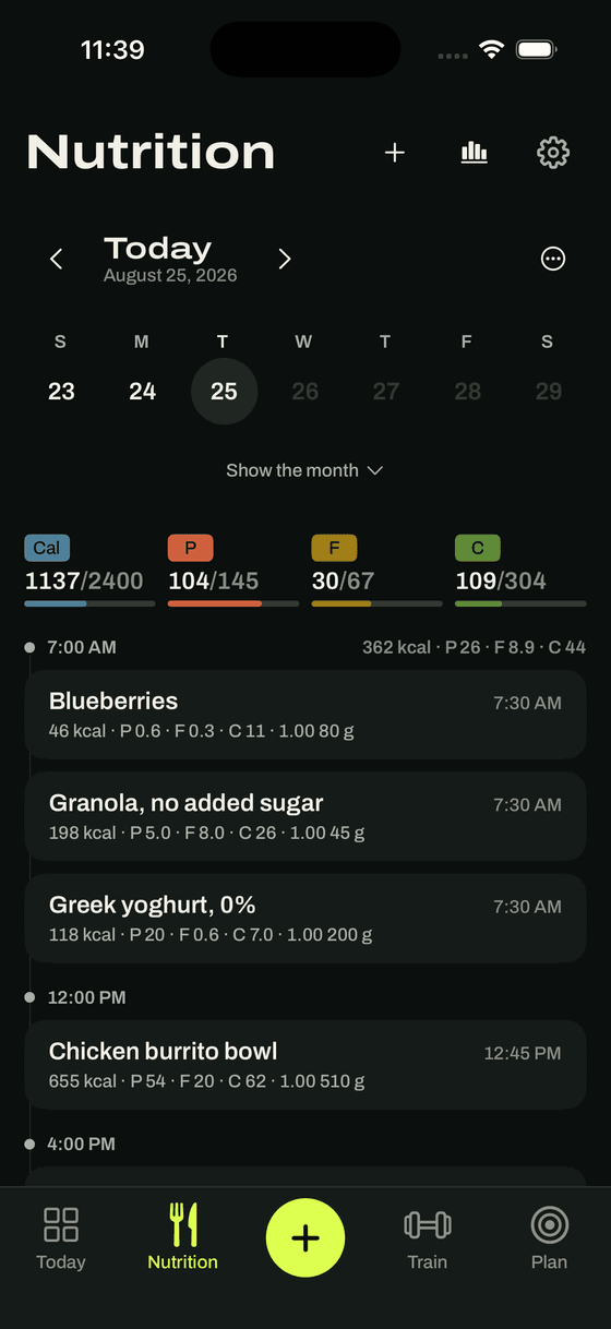 The GoodEnough nutrition day: 1,137 of 2,400 calories and 104 of 145 grams of protein logged, over a list of the morning's food with the macros for each item.