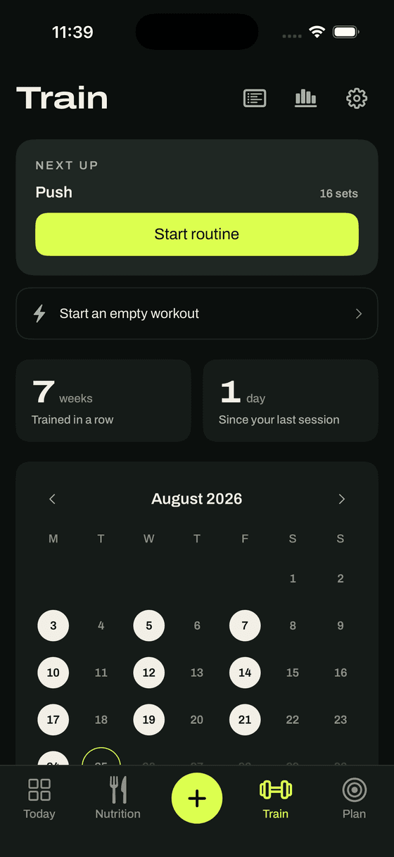 The GoodEnough Train tab: a Push session queued up as the next workout, a seven-week training streak, and a calendar with every trained day filled in.