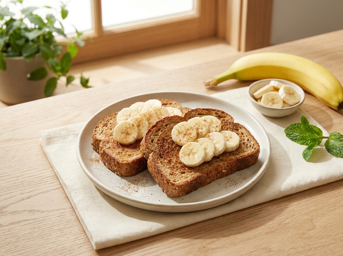 Golden slices of banana french toast on a plate with fresh berries