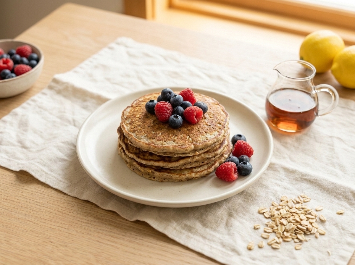 A stack of barley oat pancakes topped with sliced banana and blueberries