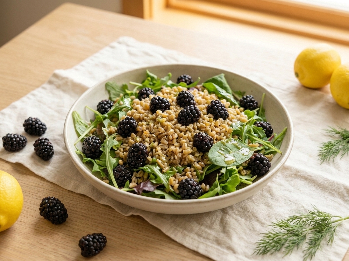 A bowl of freekeh salad with blackberries, Swiss chard, and slivered almonds
