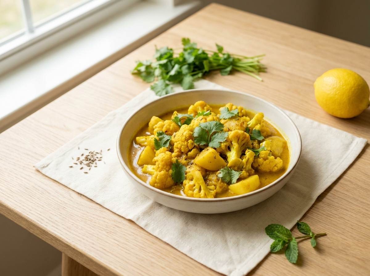 A deep pot of golden curry with cauliflower florets and potato chunks, topped with cilantro