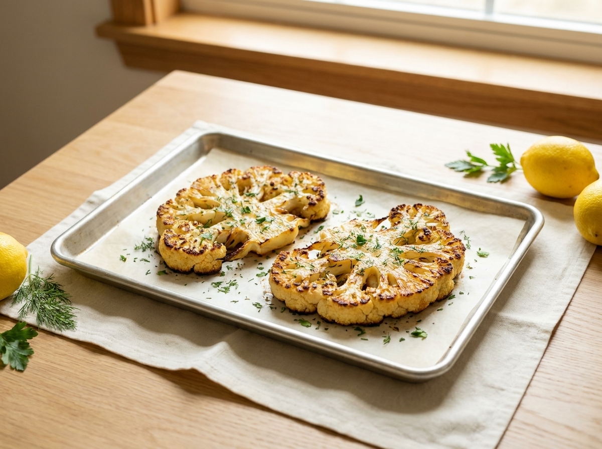 Two thick golden-brown cauliflower steaks in a cast-iron skillet