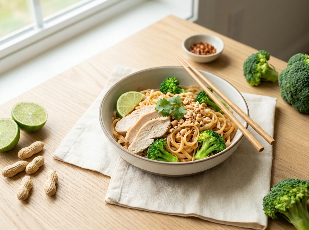 A bowl of edamame noodle pad thai with chicken and broccoli