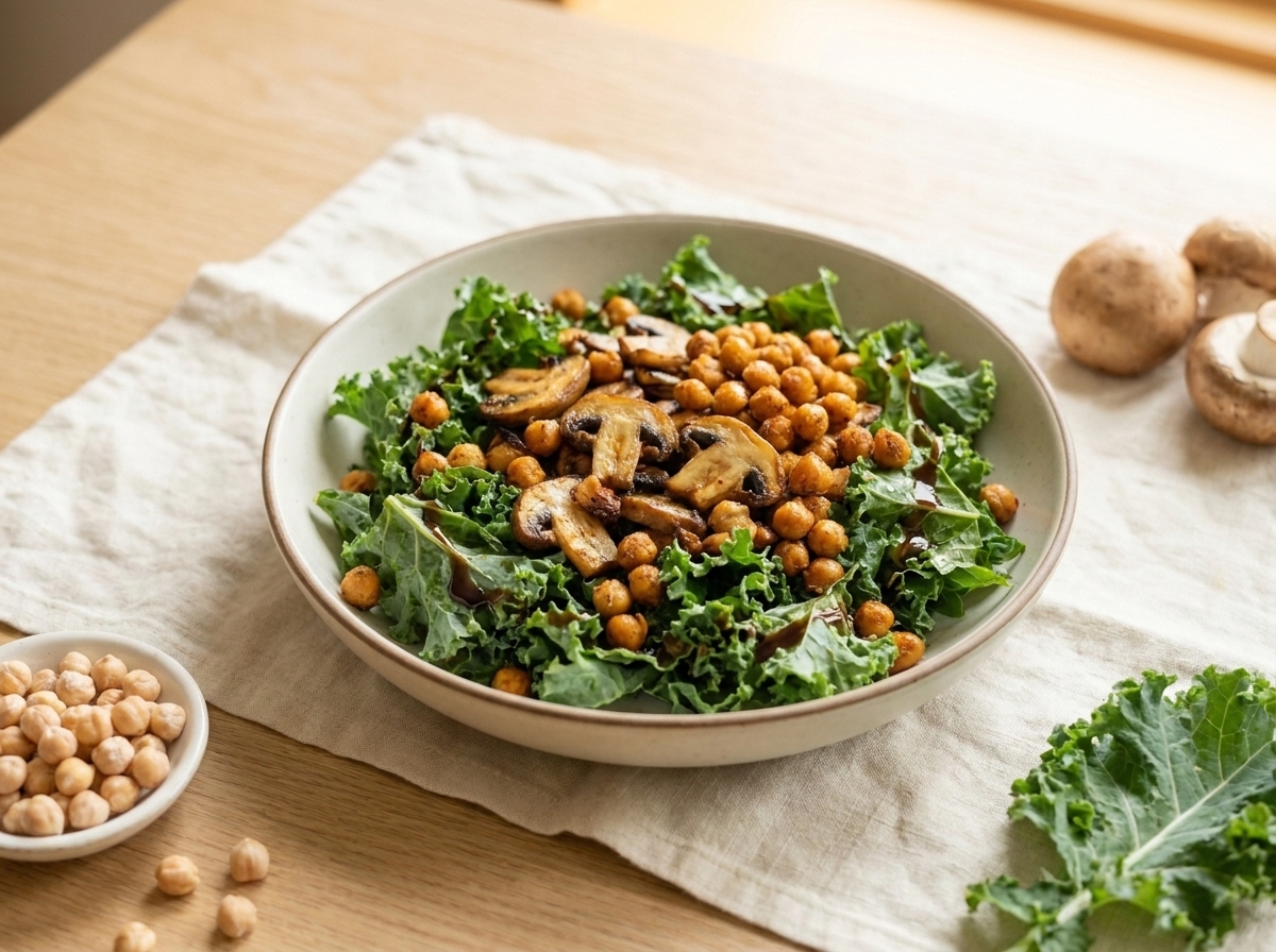A bowl of torn kale and sautéed mushrooms topped with golden crispy chickpeas
