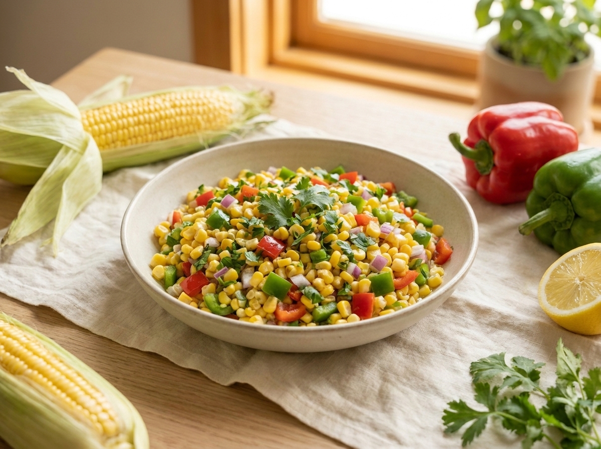 A bright bowl of sweet corn, red pepper, and green onion over leafy greens with a lime wedge