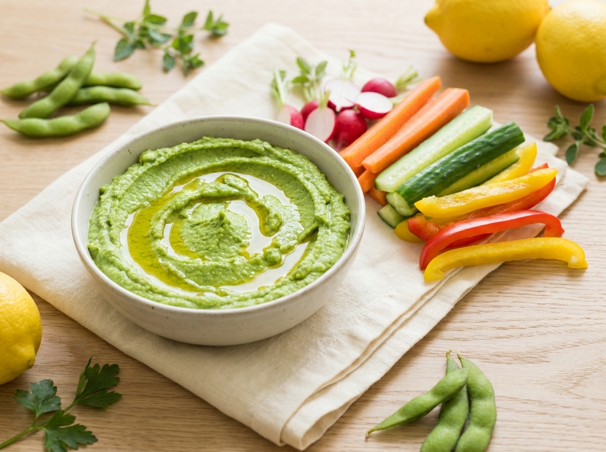 A small bowl of bright green edamame hummus with olive oil drizzled on top