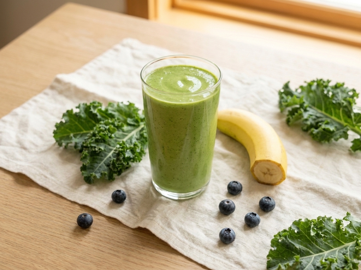 A tall glass of deep green smoothie next to a handful of blueberries