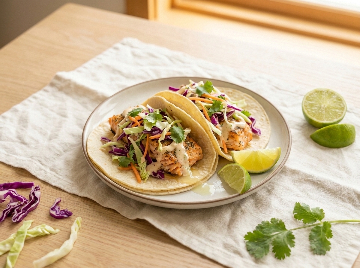 Two fish tacos in corn tortillas topped with shredded cabbage and salsa