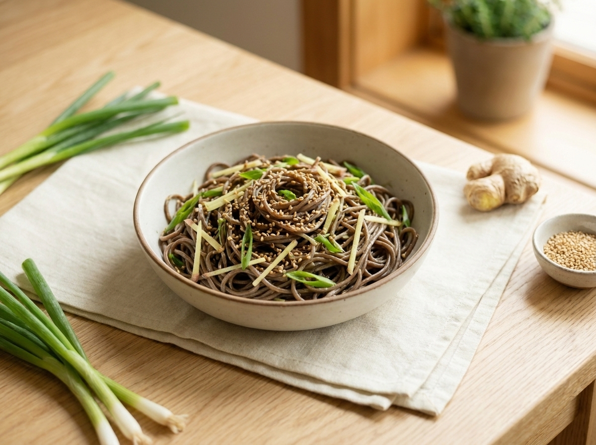 A bowl of dark soba noodles flecked with green onion and cilantro
