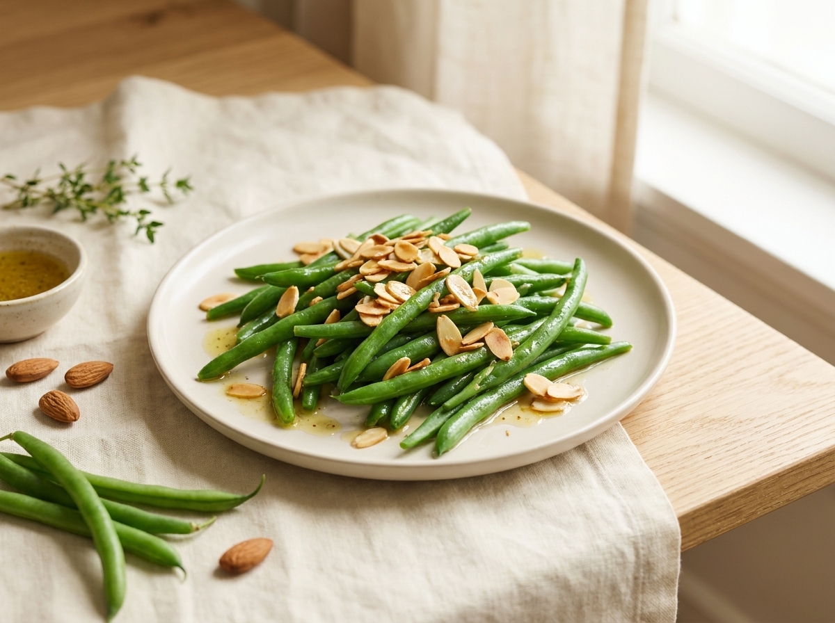 A bowl of cubed sweet potato, green beans, and corn glistening with balsamic dressing