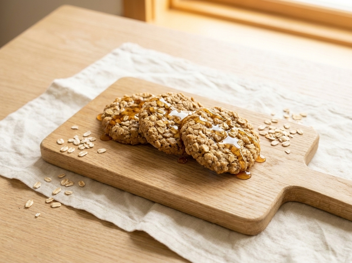 Six golden oatmeal-maple cookies cooling on a baking sheet