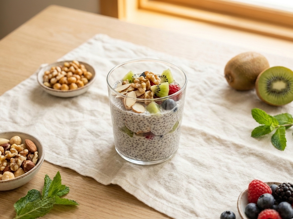 A glass jar of thick chia pudding topped with sliced almonds