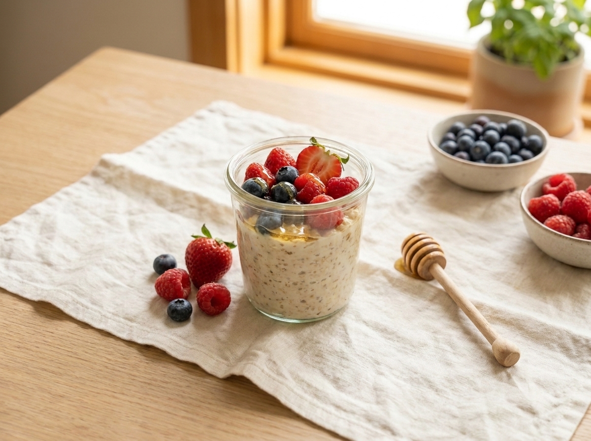 A jar of overnight oats topped with fresh berries