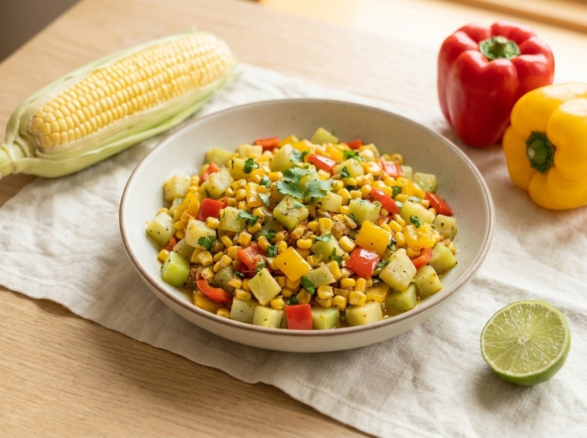 A bowl of colorful Costa Rican veggie hash with corn, peppers, and squash