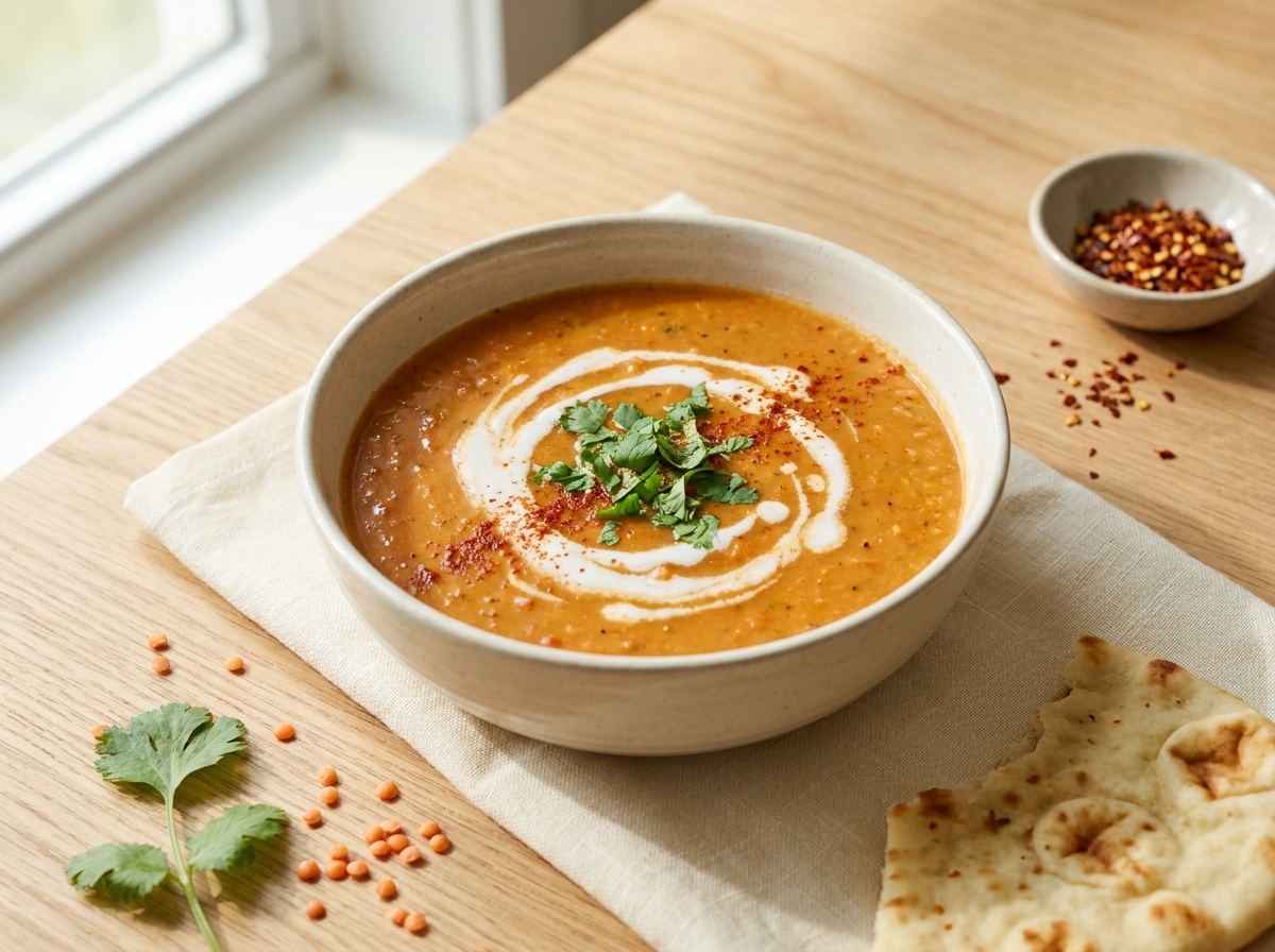 A bowl of golden-orange red lentil soup garnished with fresh cilantro