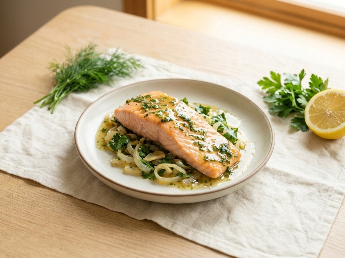 A salmon fillet on a plate topped with a glossy herb-and-wine sauce