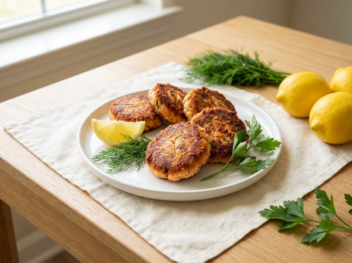 Golden salmon cakes on a baking sheet, slightly crisp at the edges