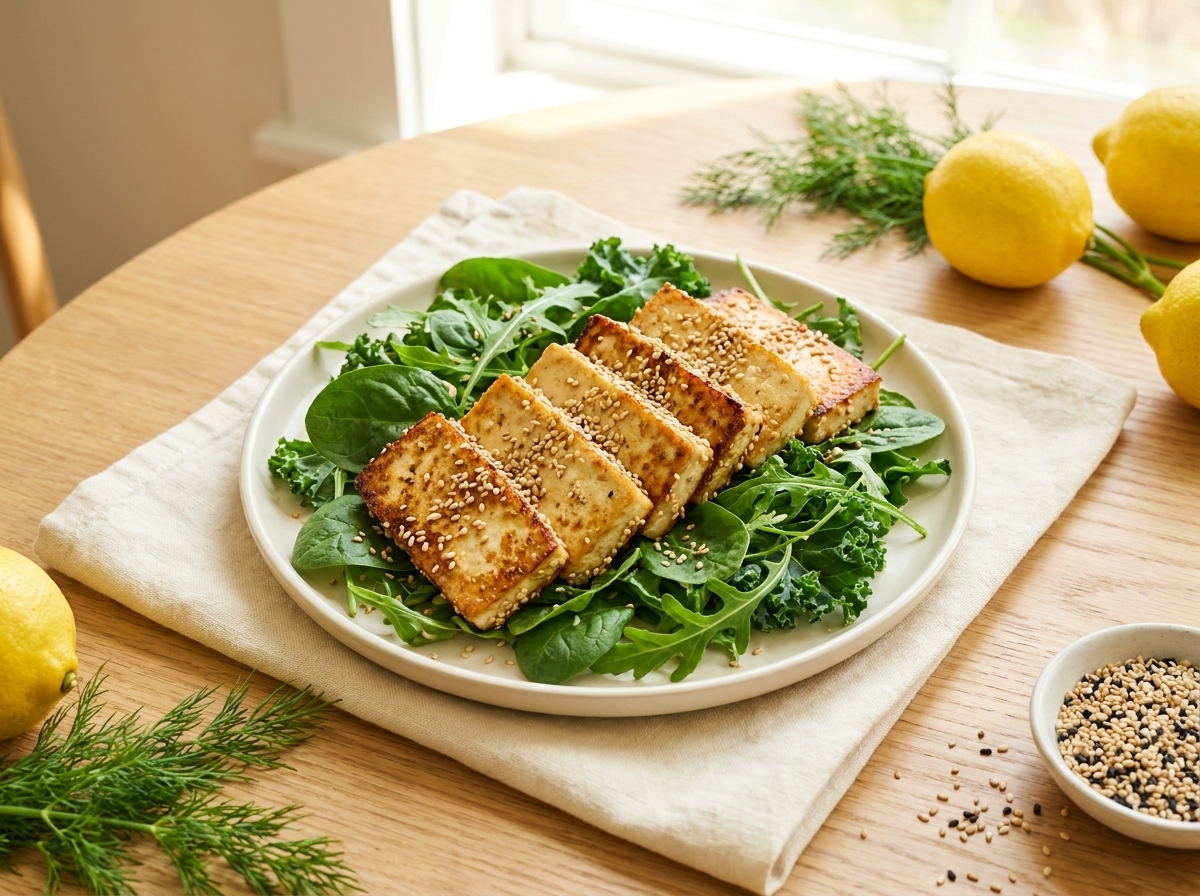Golden sesame-crusted tofu slices on a plate with a side of greens