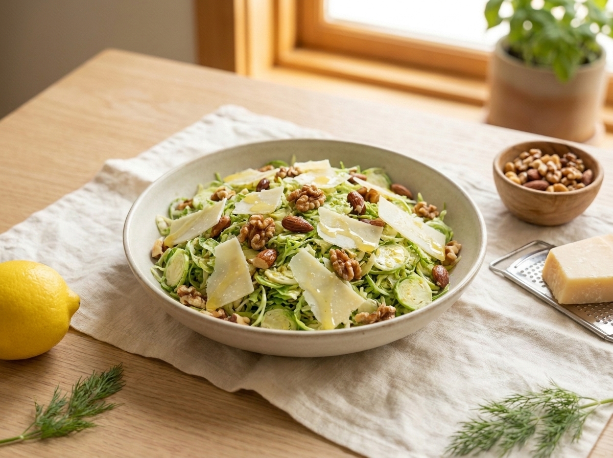 A bowl of tender golden-edged shaved Brussels sprouts with visible garlic slices
