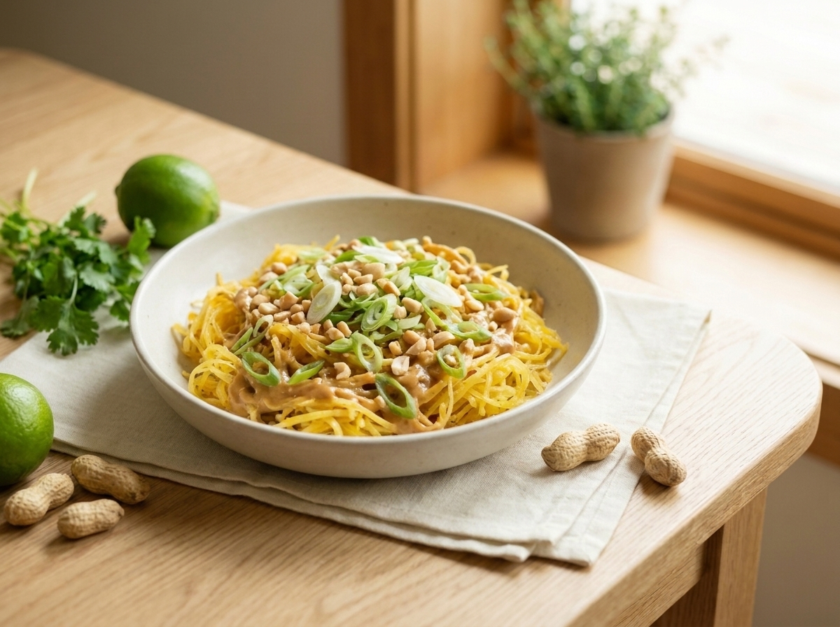 Bowls of spaghetti squash strands topped with peanut sauce, broccoli, and edamame
