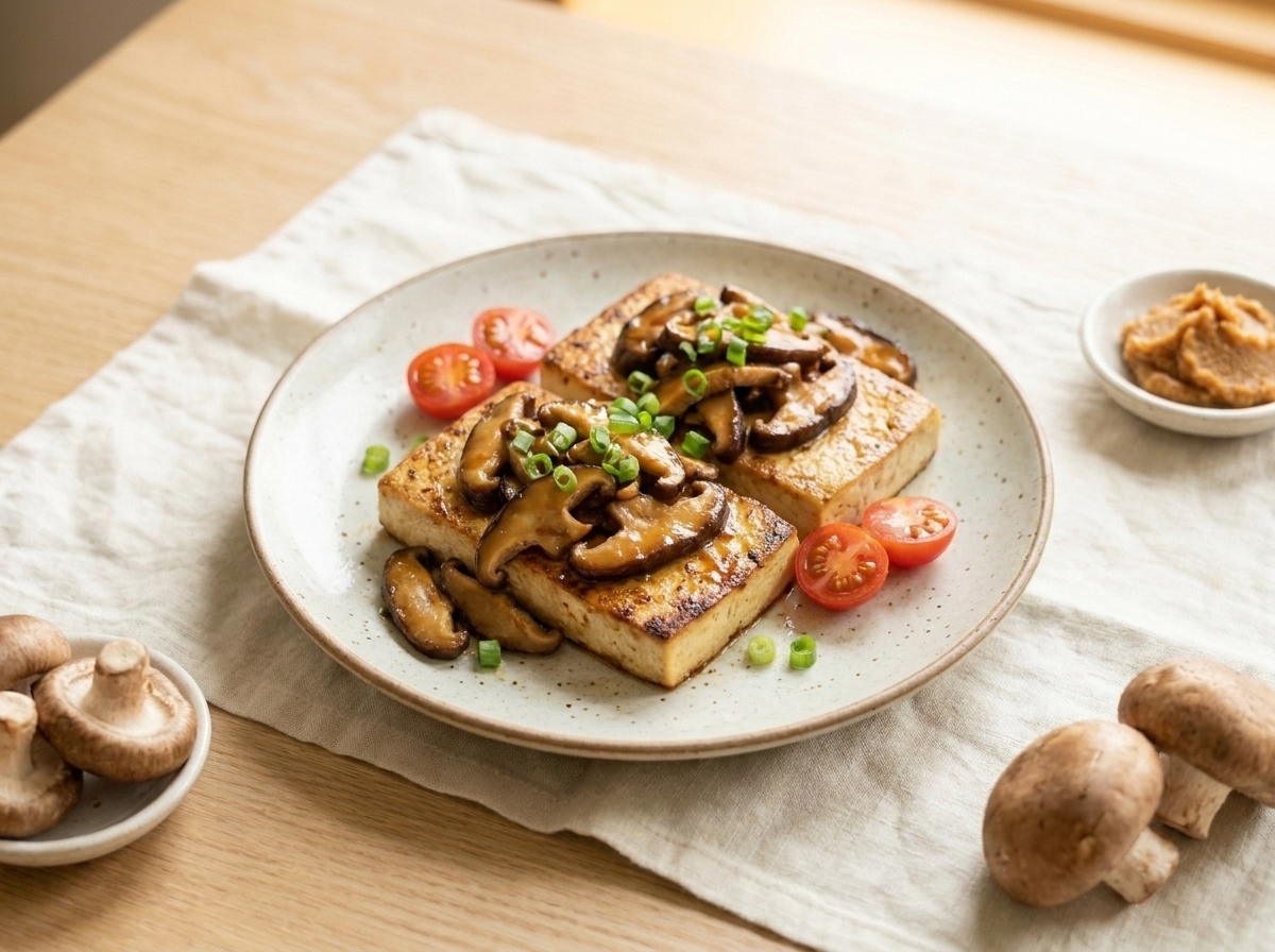 Seared tofu steaks topped with sautéed shiitake mushrooms and cherry tomatoes