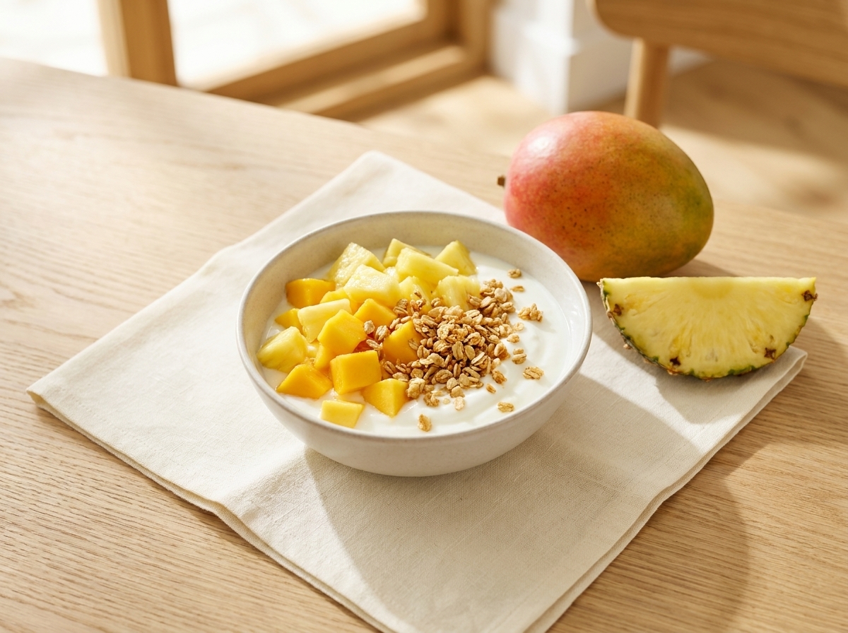 A bowl of creamy oatmeal topped with mango chunks, walnuts, and coconut flakes