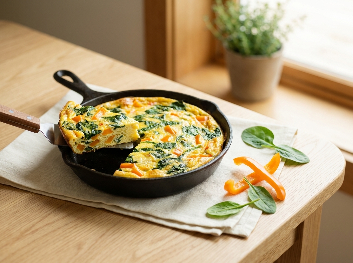 A golden frittata wedge with spinach and orange bell pepper on a white plate