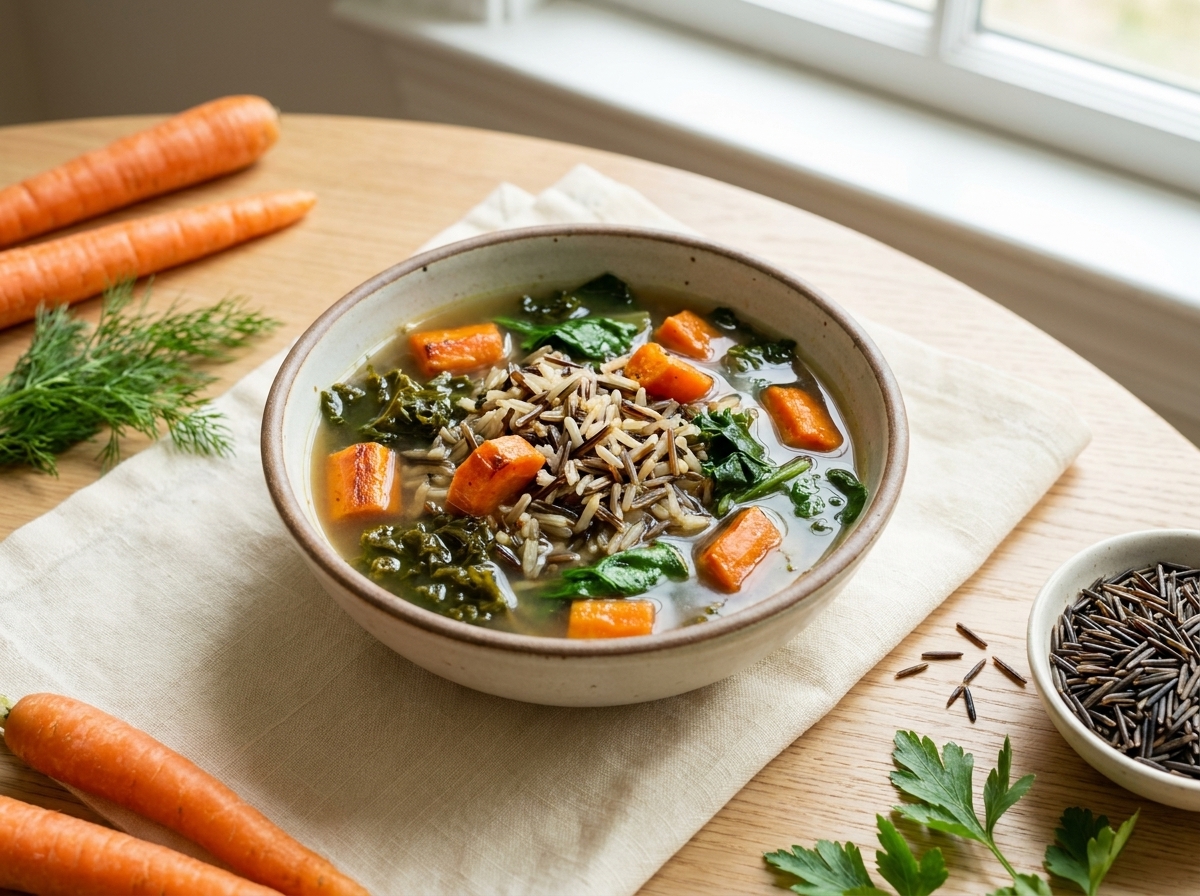 A deep bowl of wild rice vegetable soup with mushrooms, carrots, and wilted spinach