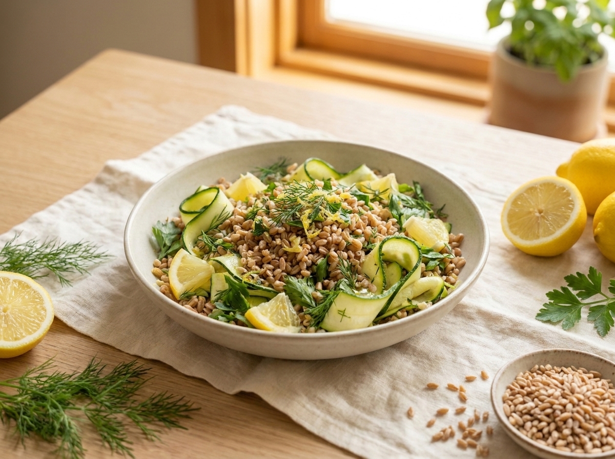 A skillet of warm farro mixed with diced zucchini and softened onion